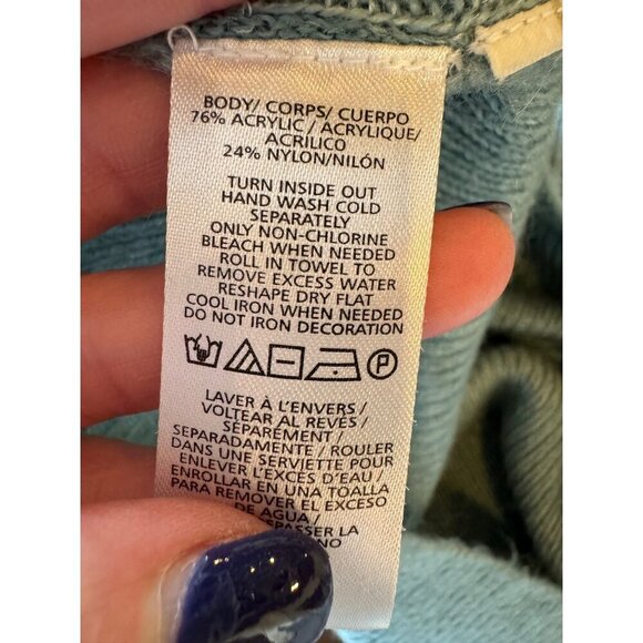 Loft Sweater Women XS Blue Green Fuzzy Knit Puff Sleeve Jewel Crochet Pullover - Picture 10 of 10